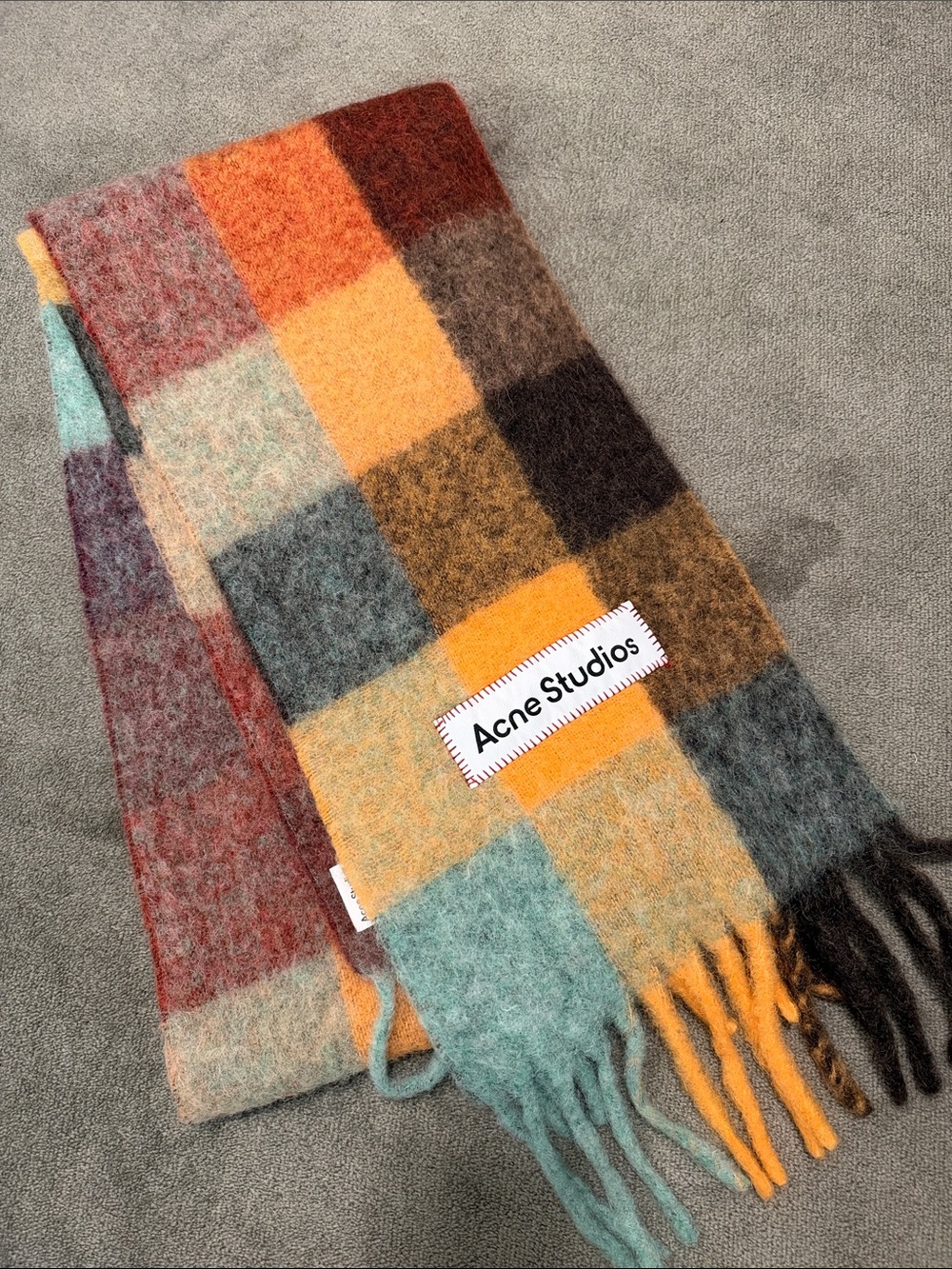 Acne Multicolor Checked Fringe Wool Scarf in Yellow, Teal, Rust & Brown